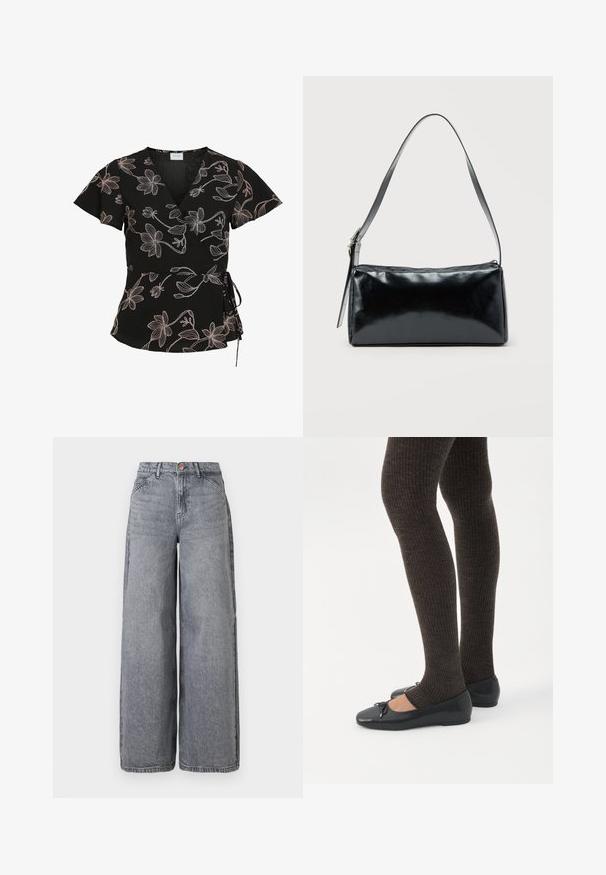 Blouse noire à manches courtes cache-cœur avec motifs floraux en lignes rose pâle et un lien sur le côté à la taille.; Jean en denim à jambes larges dans un délavé gris, avec cinq poches, une fermeture à bouton et une texture douce avec des détails de whiskering subtils.; Jambes portant des leggings côtelés foncés associés à des ballerines noires avec de petits détails en nœud sur fond blanc.; Sac d'épaule rectangulaire noir avec une sangle réglable unique et une fermeture éclair supérieure sur un fond uni.