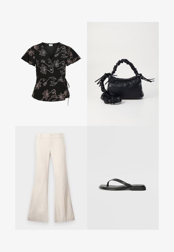 Blouse noire à manches courtes cache-cœur avec motifs floraux en lignes rose pâle et un lien sur le côté à la taille.; Pantalons beiges évasés en tissu léger composé de lin. Présente une fermeture à bouton à l'avant et des poches latérales. Texture lisse, design décontracté.; Tongs noires en cuir lisse, avec un design de sangle fine et une semelle plate à profil minimal. Aucun motif ou accent notables.; Sac à main en simili cuir noir avec une texture crocodile, un dessus resserré et une sangle froncée. A l'apparence douce et compacte.