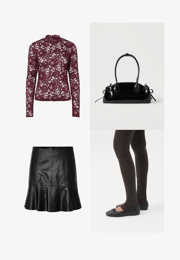 Bourgogne bluse med lange ærmer i blonder med blomstermønster og høj halsudskæring, med gennemsigtigt stof og tætsiddende silhuet.; Sort læder mini nederdel med flagrende kant og synlige sømdetaljer, featuring en lynlås lukning bagpå.; Ben iført mørke ribbede leggings kombineret med sorte balletsko med små sløjfedetaljer på hvid baggrund.; Lille sort blank håndtaske med to lange håndtag og snøre-detaljer i siden på en ensfarvet lys baggrund.