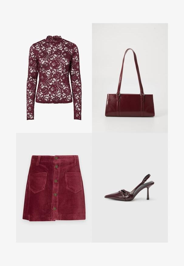 Bourgogne bluse med lange ærmer i blonder med blomstermønster og høj halsudskæring, med gennemsigtigt stof og tætsiddende silhuet.; Lys rød corduroy mini nederdel med frontlukning med knapper, to frontlommer og bæltestropper.; Bourgogne laklæder slingback-hæl med spids tå, tynd ankelrem og lille dekorativ spænde. Glat tekstur og høj hæl.; Bordeaux håndtaske lavet af glansfuldt materiale, rektangulær form, med to skulderremme og subtile buede detaljer på forsiden.