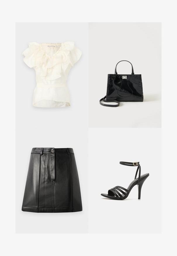 Blouse sans manches blanche avec des détails de volants superposés au niveau du col et une taille ajustée.; Jupe en cuir noir avec une forme structurée, dotée d'une poche avant et d'un accent métallique à la taille. Texture lisse et détails de couture.; Sandales à talons hauts noires avec des lanières, une fine sangle à la cheville, un bout ouvert et une finition lisse. Présente un talon élancé et un design de lanières texturées.; Sac à main en cuir verni noir avec poignées arrondies, bandoulière détachable et fermeture à boucle argentée sur fond blanc uni.
