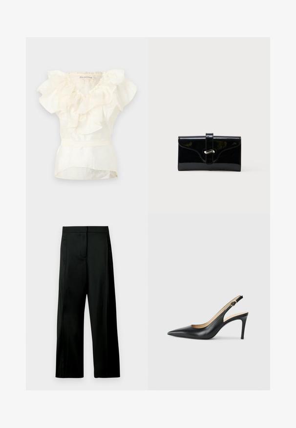Blouse sans manches blanche avec des détails de volants superposés au niveau du col et une taille ajustée.; Pantalon large noir en tissu lisse. Il présente une ceinture structurée, une poche avant et un design minimaliste sans motifs.; Escarpins en cuir noir avec une pointe fine, une bride ajustable et un talon aiguille élégant, présentant une finition lisse.; Portefeuille rectangulaire brillant noir avec une sangle frontale et une fermeture à boucle en métal argenté, présenté sur un fond blanc uni.
