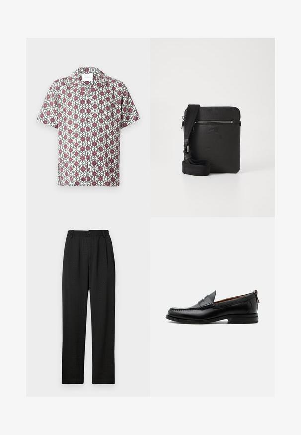 Chemise à manches courtes en tissu léger, présentant une base blanche avec un motif floral répétitif en rouge et vert. Comprend un col et des boutons.; Pantalons noirs avec un motif texturé, dotés d'une large ceinture avec un bouton et de plis à l'avant pour un ajustement sur mesure. Design à jambe droite.; Mocassin homme en cuir noir avec couture moc toe, bride penny, col texturé et petit talon empilé sur fond blanc.; Sac à bandoulière en cuir noir avec une surface texturée, poche avant zippée et une sangle en tissu réglable. Design simple et carré.