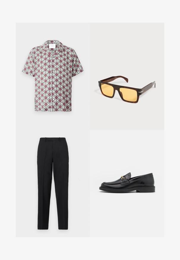 Kortærmet skjorte i let stof med en hvid bund og et gentaget blomstermønster i rødt og grønt. Indeholder krave og knapper.; Theory STRAIGHT - Bukser - deep black; Sorte læder loafers med en rund tå, der har guld hardware accent og syningsdetaljer, placeret på en lav, tekstureret gummisål.; Rektangulære solbriller i skildpaddemønster med brede stel og gule linser på en hvid baggrund.