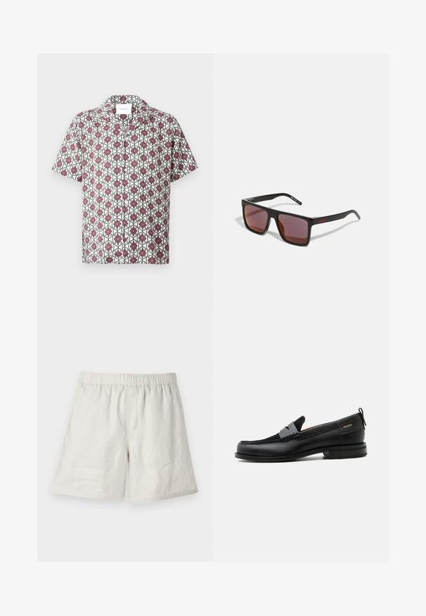 Kortærmet skjorte i let stof med en hvid bund og et gentaget blomstermønster i rødt og grønt. Indeholder krave og knapper.; Lysbeige linnedshorts med elastisk talje, der har en afslappet pasform og minimale sømme for et simpelt, afslappet design.; Sort læderloafer med grå remdetalje, lav hæl og tekstureret sål, mærket med "HUGO" i guld på siden.; Sorte rektangulære solbriller med mørkerøde linser, med en mat finish og rød logo på stangen. Solid plastikramme.
