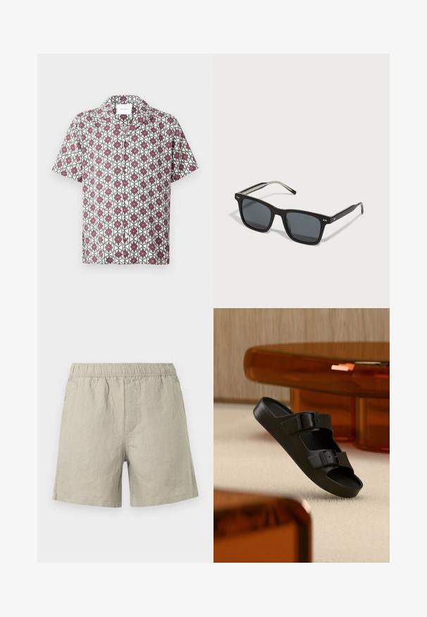 Kortærmet skjorte i let stof med en hvid bund og et gentaget blomstermønster i rødt og grønt. Indeholder krave og knapper.; Lyse beige linnedshorts med elastisk taljebånd, med en lige pasform og sidelayoutsdetaljer. Glat, åndbar tekstur.; Sort slip-on sandal med to justerbare spænder svævende over et lysfarvet tæppe i et rum med møbler i ravfarve.; Sorte firkantede solbriller med mørke linser, plastikramme, metalaccenter og signaturlogo på bøjen. Slank design med et moderne udseende.