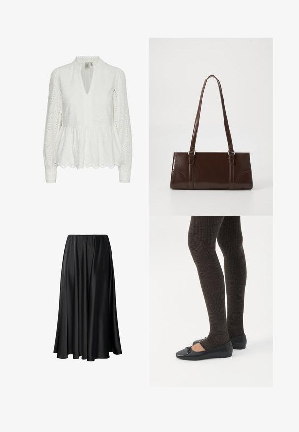 Hvid broderet bluse med bølget kant, dyb V-udskæring, lange ærmer og indviklede udskæringsmønstre i hele stoffet.; Sort maxiskirt lavet af glat stof, med en elastisk talje, fuld silhuet og en flydende kant uden synlige mønstre eller detaljer.; Ben iført mørke ribbede leggings kombineret med sorte balletsko med små sløjfedetaljer på hvid baggrund.; Brun lakeret håndtaske med rektangulær form, to lange håndtag og subtile buede detaljer på fronten.