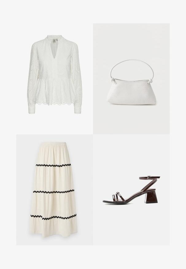 Hvid broderet bluse med bølget kant, dyb V-udskæring, lange ærmer og indviklede udskæringsmønstre i hele stoffet.; Lagdelte ankel-lange nederdele i cremefarvet stof med sort bølgende kant. Har elastisk talje for komfort og let, svævende fald.; Mørkebrune laklædersandal med blokhæl, ankelrem med spænde og to tynde remme over tæerne på hvid baggrund.; Hvid fletlæderhåndtaske med afrundet håndtag og ender på remmen, der er knyttet, vist mod en ensfarvet baggrund.