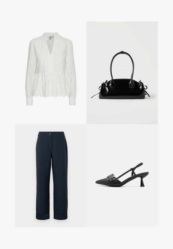 Blusa blanca bordada con un dobladillo de pico, escote profundo en V, mangas largas y patrones recortados intrincados a lo largo de la tela.; Pantalones de sastre azul marino con corte recto, con cierre de botón y dobladillos con vuelta, confeccionados en una tela suave y ligera.; Simmi London DALA - Tacones - black; Pequeño bolso negro brillante con dos asas largas y detalles de cordón lateral sobre un fondo claro liso.