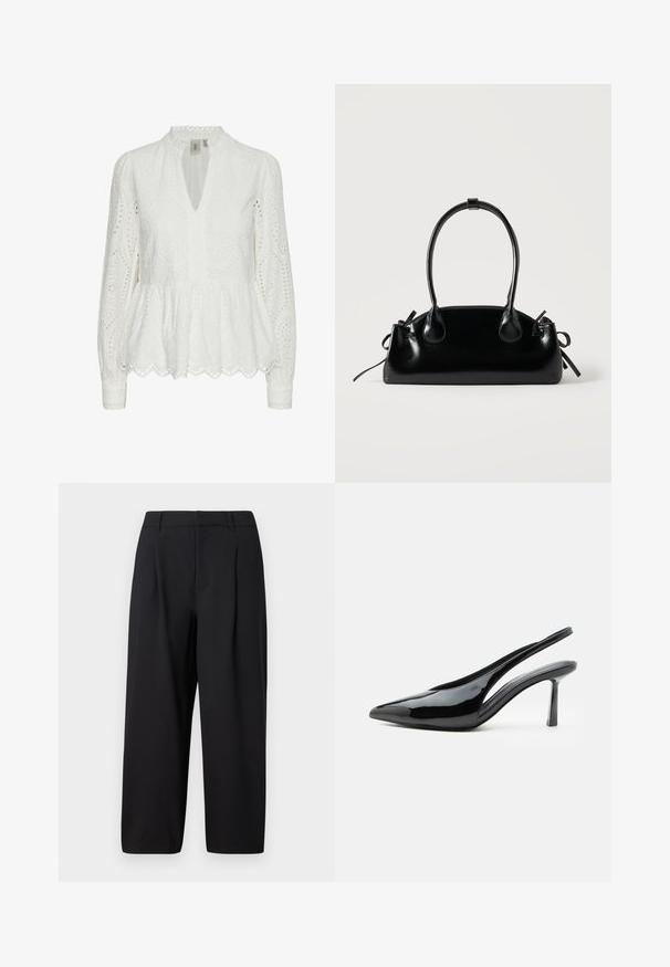 Hvid broderet bluse med bølget kant, dyb V-udskæring, lange ærmer og indviklede udskæringsmønstre i hele stoffet.; Sorte bukser med en afslappet pasform, plisseret front, glat talje og blød tekstur. Klippet til en cropped længde, velegnet til både formelt og afslappet brug.; Sort laklæder stilet højhælet slingback med spids tå og slank stilet hæl på hvid baggrund.; Lille sort blank håndtaske med to lange håndtag og snøre-detaljer i siden på en ensfarvet lys baggrund.