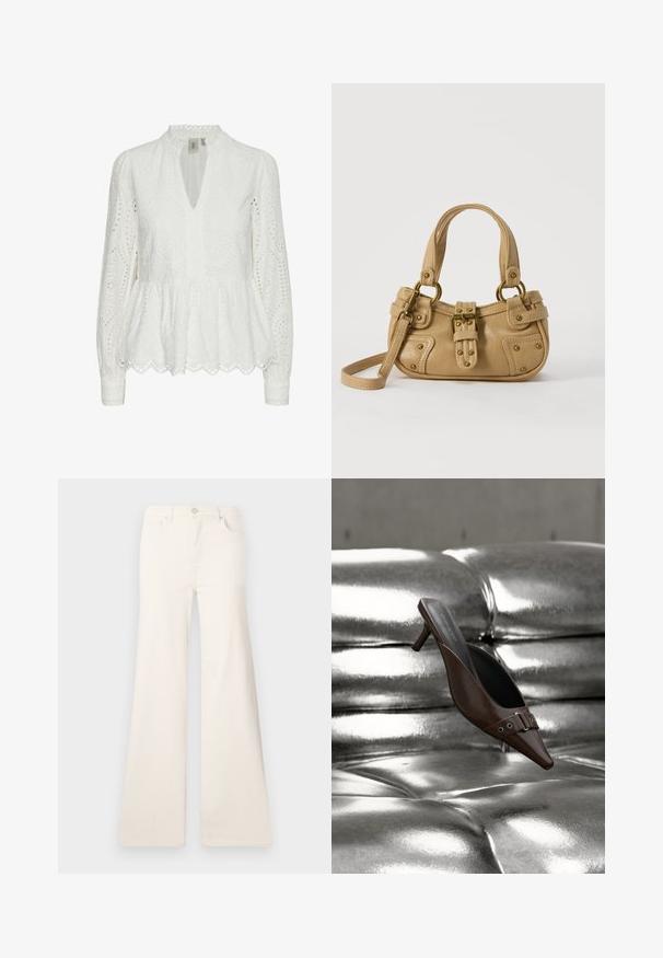 Blusa blanca bordada con un dobladillo de pico, escote profundo en V, mangas largas y patrones recortados intrincados a lo largo de la tela.; ONLY Wide-fit ONLMADISON High waist Wide Leg Fit - Pernera ancha - ecru; Mule de tacón marrón con punta puntiaguda y detalle de hebilla, flotando sobre una superficie de cuero plateado brillante y capitoné.; Bolso de cuero beige con doble asa, hebilla y remaches de latón, y una correa de hombro ajustable sobre un fondo blanco.