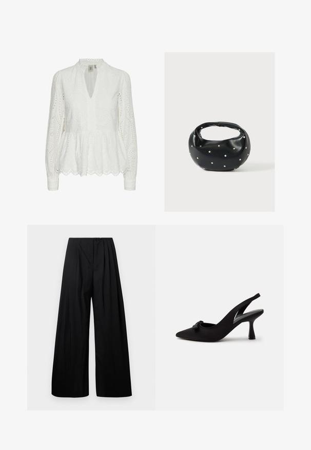 Blusa blanca bordada con un dobladillo de pico, escote profundo en V, mangas largas y patrones recortados intrincados a lo largo de la tela.; Pantalones de pierna ancha negros con cintura alta, que cuentan con pliegues verticales y cierre de botón. Textura suave, diseño minimalista.; Zapato de tacón alto de punta afilada con tira trasera negra, con un pequeño lazo en la parte delantera y tacón estrecho, mostrado sobre un fondo blanco.; Bolso de mano de cuero negro con forma redondeada, decorado con detalles de tachuelas plateadas y un asa corta. Textura lisa y cierre con cremallera.