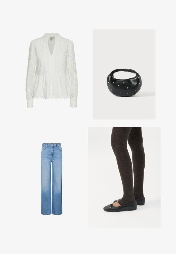 Hvid broderet bluse med bølget kant, dyb V-udskæring, lange ærmer og indviklede udskæringsmønstre i hele stoffet.; Lyseblå jeans med høj talje og vide ben, lukket med knapper og lynlås foran, med bæltestropper og falmede detaljer på lår og knæ.; Ben iført mørke ribbede leggings kombineret med sorte balletsko med små sløjfedetaljer på hvid baggrund.; Sort læderhåndtaske med en rundet form, dekoreret med sølvnitter, og et kort håndtag. Glat tekstur og lynlåslukning.