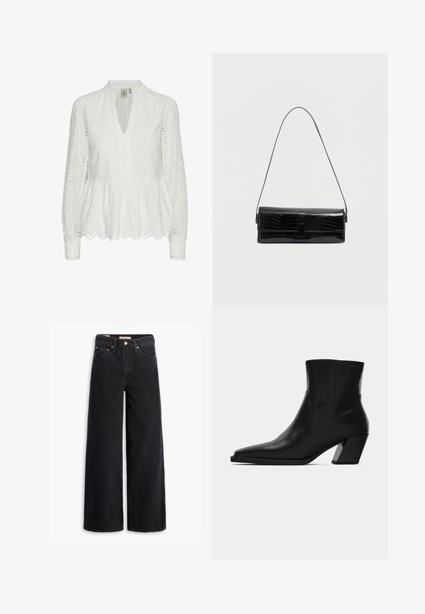 Hvid broderet bluse med bølget kant, dyb V-udskæring, lange ærmer og indviklede udskæringsmønstre i hele stoffet.; Sorte brede benjeans lavet af denim, med fem lommer, kobbernitter og en klassisk knaplukning. Glat tekstur med et rent design.; Sortlæder ankelstøvle med spids tå, en slank silhuet og en kraftig firkantet hæl. Glat tekstur med minimale stikninger.; Sort skuldertaske i kunstlæder med krokodillemønster, rektangulær form, blank tekstur, med en tynd justerbar rem og lukning med klap foran.