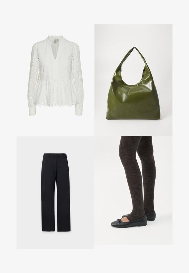 Blusa blanca bordada con un dobladillo de pico, escote profundo en V, mangas largas y patrones recortados intrincados a lo largo de la tela.; Pantalones negros de pierna recta con trabillas para cinturón, cremallera frontal y parte delantera lisa, mostrados sobre un fondo claro y liso.; Piernas con leggings oscuros acanalados combinados con bailarinas negras que presentan pequeños detalles de lazo sobre un fondo blanco.; Bolsa hobo verde de cuero con un diseño suave, asa curvada y textura lisa. No contiene hardware visible ni acentos.