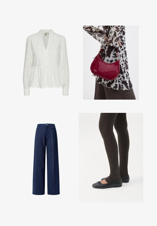 Hvid broderet bluse med bølget kant, dyb V-udskæring, lange ærmer og indviklede udskæringsmønstre i hele stoffet.; Bredde denimbukser i mørkeblå med lodrette striber i rød og hvid. Designet med en frontknap og hofte-lommer.; Ben iført mørke ribbede leggings kombineret med sorte balletsko med små sløjfedetaljer på hvid baggrund.; Kvinde iført en sort- og hvidmønstret bluse, der holder en blank rød skuldertaske mod en ensfarvet baggrund.