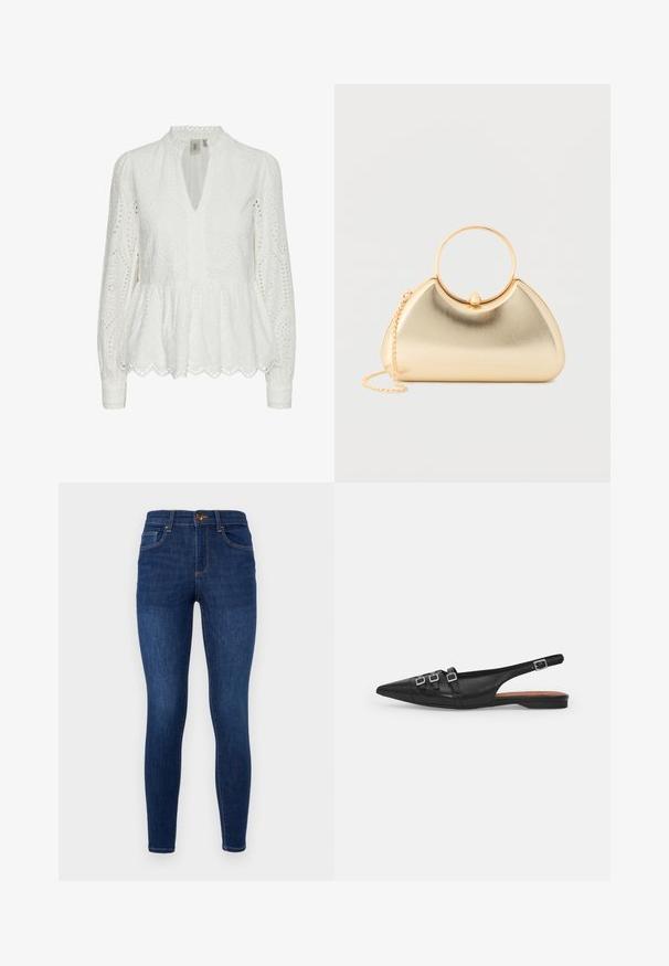 Blusa blanca bordada con un dobladillo de pico, escote profundo en V, mangas largas y patrones recortados intrincados a lo largo de la tela.; Vaqueros skinnies de mezclilla azul oscuro con una cintura alta, diseño clásico de cinco bolsillos, costuras de contraste sutiles y cierre de botón metálico.; Zapato plano slingback de cuero negro con puntera puntiaguda, que presenta dos correas horizontales y hebillas plateadas cuadradas, tacón bajo y textura suave.; Pequeño bolso metálico dorado con forma triangular redondeada, asa circular dorada y correa de cadena dorada desmontable sobre fondo blanco.