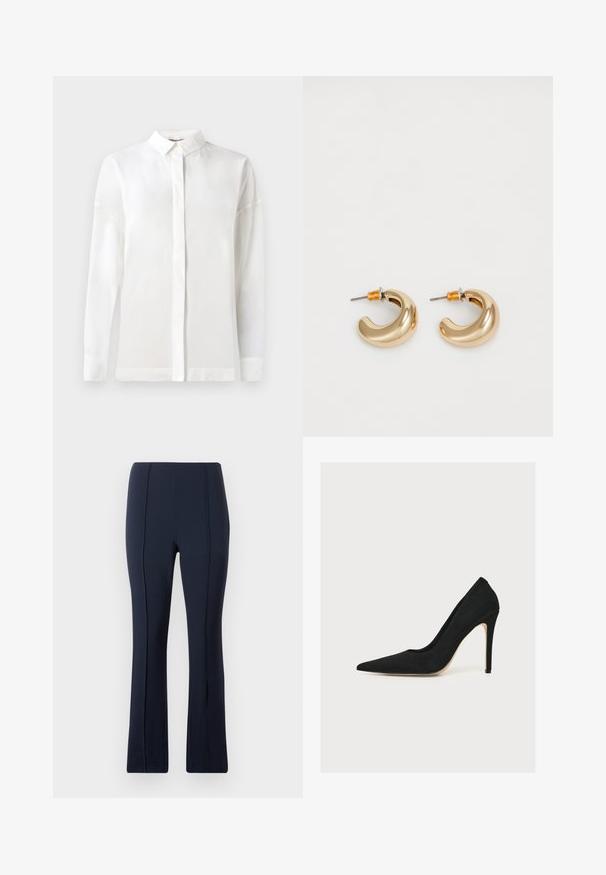 Chemise blanche à manches longues avec un col boutonné, texture lisse, coupe droite et patte de boutonnage cachée. Tissu doux et léger sans motifs.; Pantalon bleu marine à jambes droites avec des détails de coutures verticales à l'avant, présenté sur un fond clair uni.; Escarpin noir à bout pointu et talon aiguille fin, photographié de côté sur fond blanc.; Deux boucles d'oreilles en forme de cerceau en or brillant, avec un design courbé, présentant des accents orange près de la tige, sur fond blanc uni.