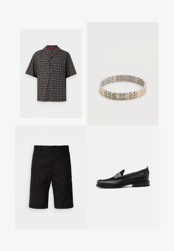 Chemise noire à manches courtes à boutons avec motif répétitif « HUGO » en tons gris et marron, étiquette rouge au col.; Shorts noirs en tissu uni, avec une coupe droite, fermeture à bouton et une texture lisse sans motifs visibles.; Mocassin en cuir noir avec détail de bride grise, talon bas et semelle texturée, marqué "HUGO" en or sur le côté.; Bracelet en métal argenté et doré avec un fermoir rectangulaire gravé du nom d'une marque sur fond blanc.