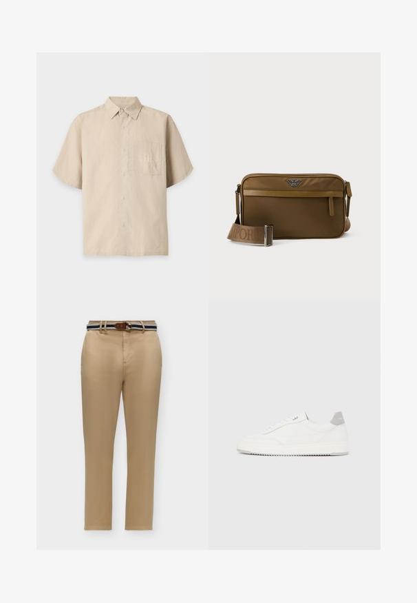Chemise beige à manches courtes, boutonnée, avec col et poche avant affichant le logo GAP brodé.; Pantalon beige droit avec une ceinture en tissu rayée comportant un détail de boucle en cuir, présenté sur un fond uni.; Baskets basses blanches avec un onglet de talon gris, des lacets blancs et une semelle texturée, présentées sur un fond uni clair.; Sac bandoulière rectangulaire marron avec poche zippée à l'avant, sangle réglable embossée du nom de la marque, et logo métallique au centre supérieur.