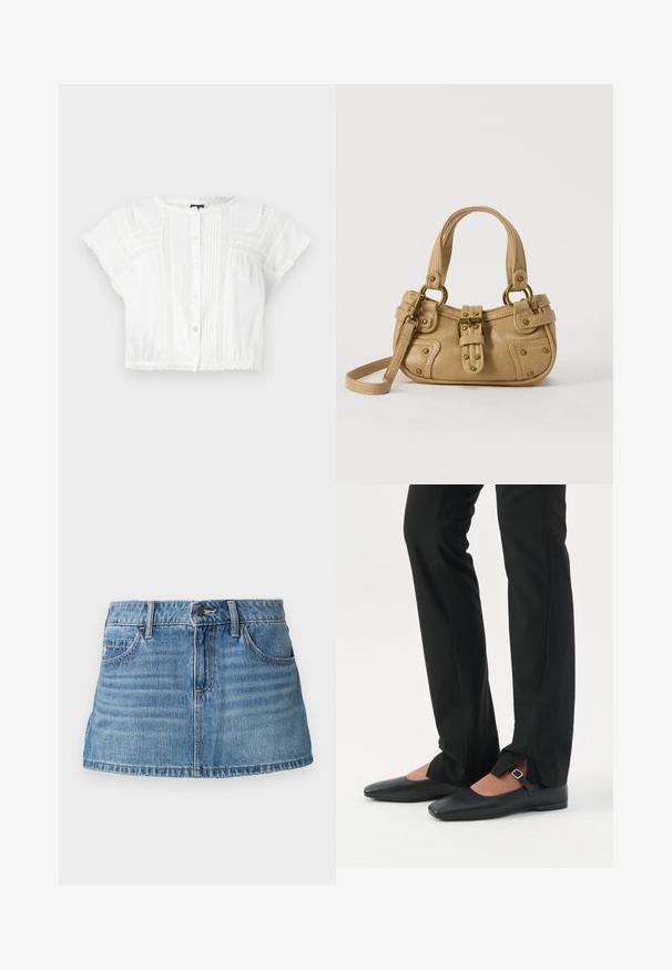 Valge lühikeste varrukatega lühikese lõikega pluus, valmistatud kergest kangast. Omab nööbiga esit, pintuck detaile ning pitsaktsente õlgadel ja hem. ; Hele sinine denim mini seelik struktureeritud disainiga. Omab eespooltaskuid, vöölukke ja peent kulumist, et lisada tekstuuri.; Jalad, mis kannavad mustaid kitsaid pükse esiosal lõhikutega allääres, kombineeritud mustade lameda tallaga Mary Jane kingadega, millel on väike pandlakinnitusega rihm.; Beež nahast käsikott topeltkäepidemete, messingist pandla ja naelutustega ning reguleeritava õlarihmaga valge tausta ees.