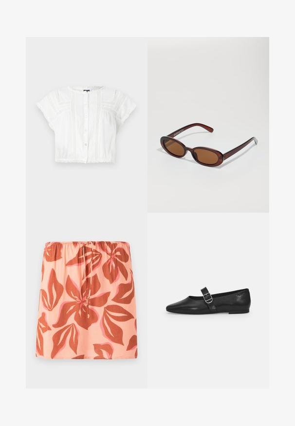 Witte gecropte blouse van lichtgewicht stof. Heeft korte mouwen, een knoopsluiting aan de voorkant, pintuck-details en kanten accenten op de schouders en de zoom.; Billabong SUNFLOWER SKIRT - A-lijn rok - apricot; Zwarte leren platte schoen met een ronde neus, een enkele verstelbare gespsluiting en een gladde, glanzende textuur. Minimalistisch ontwerp met een lage hak.; Ronde, bruin getinte zonnebril met een glanzend bordeauxrood frame. Slanke pootjes met subtiele merkdetails. Vlakke lensontwerp.