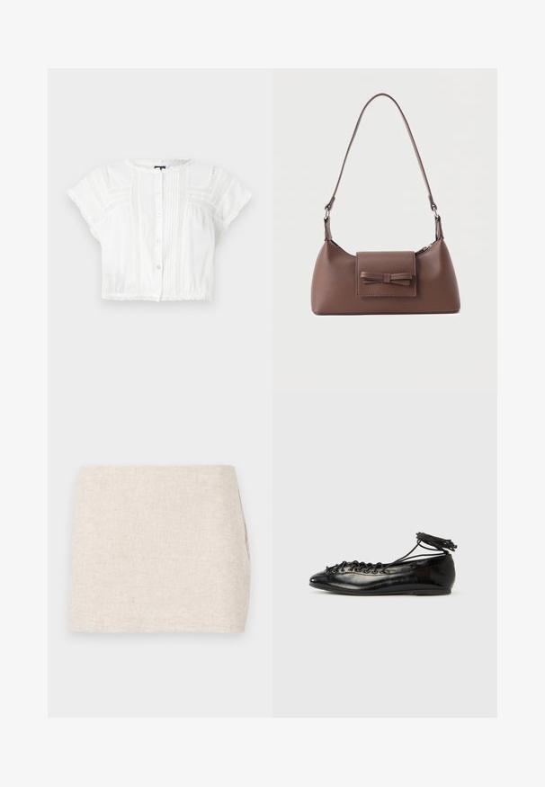 Hvid cropped bluse lavet af letvægtsstof. Har korte ærmer, knaplukning foran, pyntesyninger og blondeakkorder ved skuldre og kant.; Beige linnedyr med et minimalistisk design, der har en glat tekstur og en subtil vævning. Det har en lige, simpel skæring uden synlige lukninger.; Sorte balletflade sko i laklæder med rundet tå, snørelukning og flad sål. Glat tekstur med få detaljer.; Brun skuldertaske i læder med en frontlomme med klap, der har en sydd sløjfedetalje, og en justerbar rem.