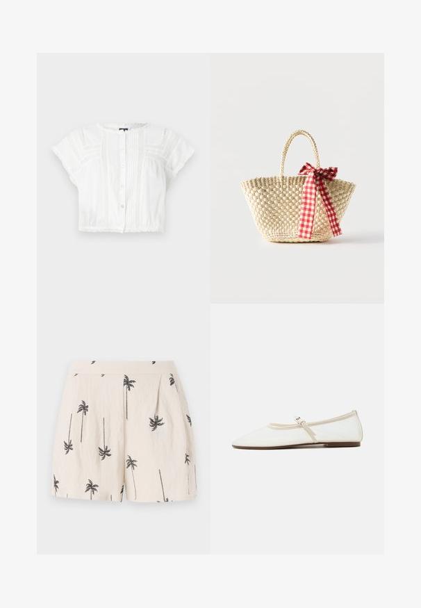 Hvid cropped bluse lavet af letvægtsstof. Har korte ærmer, knaplukning foran, pyntesyninger og blondeakkorder ved skuldre og kant.; Lyse beige shorts med sort palme træ mønster, med folder foran og en glat, let stof tekstur.; Hvid Mary Jane flad sko med spids tå, tynd justerbar rem med sølvspænde og brun sål på hvid baggrund.; Flettet stråtaske med fletninger til håndtagene og et rødt og hvidternet bånd bundet som en sløjfe på den ene side.