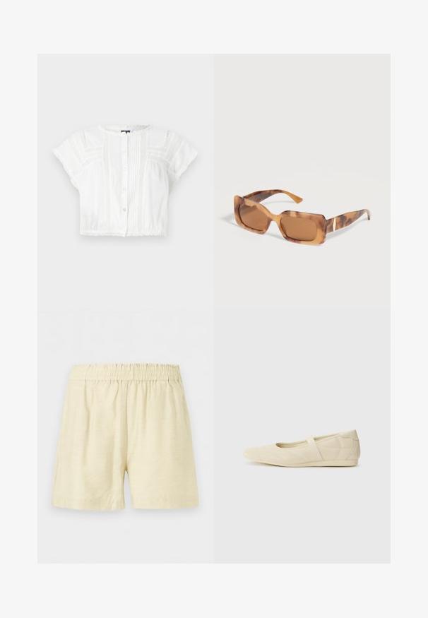 Weißes, kurzes Oberteil aus leichtem Stoff. Mit kurzen Ärmeln, Knopfleiste, feinen Paspelierungen und Spitzenakzenten an den Schultern und dem Saum.; Beige Shorts mit elastischem Bund, entspannter Passform und mittellanger Oberschenkellänge, aus leichtem Stoff.; Beige Ballerinas aus glattem Leder mit mandelförmiger Zehenpartie und elastischem Riemen über dem Fußrücken, ausgestattet mit dezenten Nähtelementen.; Rechteckige Schildpatt-Sonnenbrille mit dicken Rahmen und braun getönten Gläsern, die auf einer weißen Oberfläche liegen.