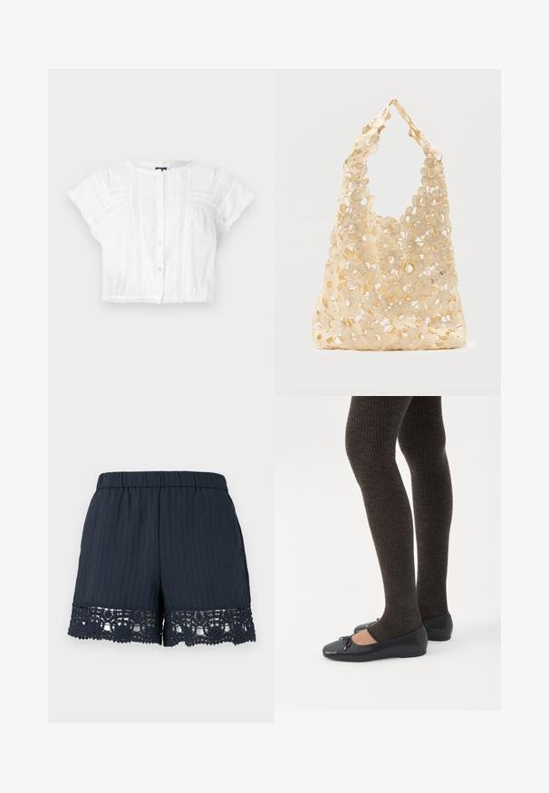 Witte gecropte blouse van lichtgewicht stof. Heeft korte mouwen, een knoopsluiting aan de voorkant, pintuck-details en kanten accenten op de schouders en de zoom.; Navyblauwe damesshort met elastische tailleband en bloemenkant langs de zoom tegen een effen lichte achtergrond.; Benen met donkere geribbelde leggings gecombineerd met zwarte ballerina's met kleine strikdetails op een witte achtergrond.; Beige gehaakte boodschappentas met open bloemmotief, met grote en kleine bloemen en een enkele lusvormige handgreep.
