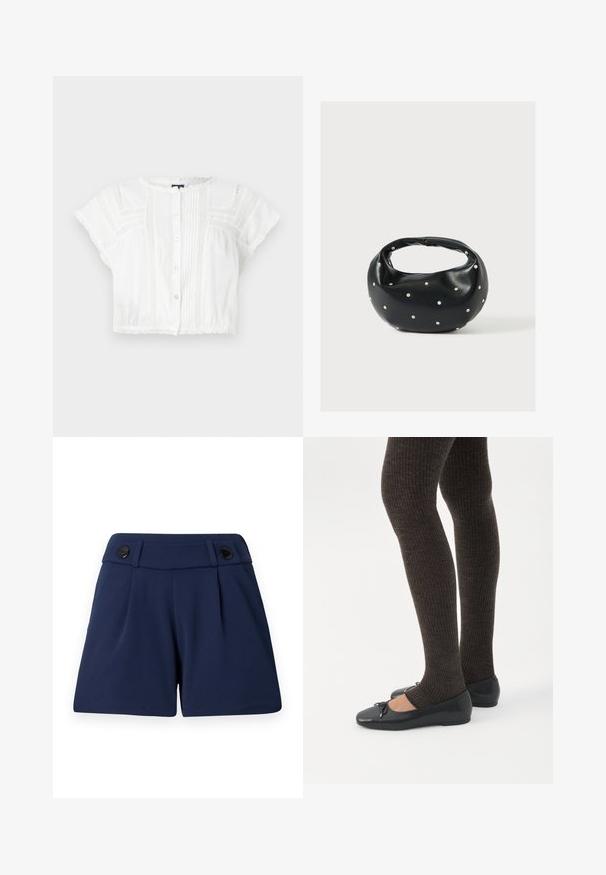 Witte gecropte blouse van lichtgewicht stof. Heeft korte mouwen, een knoopsluiting aan de voorkant, pintuck-details en kanten accenten op de schouders en de zoom.; Marineblauwe op maat gemaakte shorts van lichtgewicht stof, met twee voorplooien en twee zwarte knopen op de tailleband.; Benen met donkere geribbelde leggings gecombineerd met zwarte ballerina's met kleine strikdetails op een witte achtergrond.; Zwarte leren handtas met een afgeronde vorm, versierd met zilveren studs, en een korte handgreep. Gladde textuur en ritsluiting.