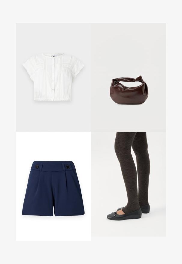Witte gecropte blouse van lichtgewicht stof. Heeft korte mouwen, een knoopsluiting aan de voorkant, pintuck-details en kanten accenten op de schouders en de zoom.; Marineblauwe op maat gemaakte shorts van lichtgewicht stof, met twee voorplooien en twee zwarte knopen op de tailleband.; Benen met donkere geribbelde leggings gecombineerd met zwarte ballerina's met kleine strikdetails op een witte achtergrond.; Donkerbruine leren schoudertas met een zachte, slungelige vorm en een gedraaide knoopvormige handgreep op een effen witte achtergrond.