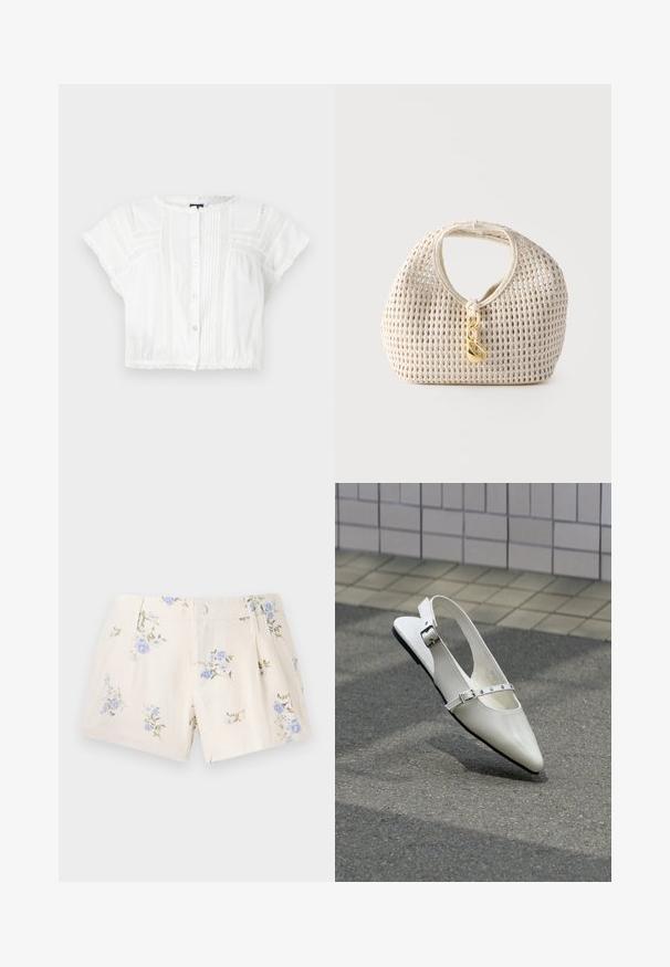 Hvid cropped bluse lavet af letvægtsstof. Har korte ærmer, knaplukning foran, pyntesyninger og blondeakkorder ved skuldre og kant.; Blomstrede shorts lavet af let stof, med en cremefarvet bund og blå samt grønne blomstermønstre, to forlommer og en knaplukning.; Hvid spids slingback flad sko med to sølvspænder, vist udendørs på tekstureret underlag og flisebelagt væg baggrund.; Kremfarvet vævet håndtaske med rund form, kort håndtag og dekorativ guldfarvet lås hængende foran i midten.