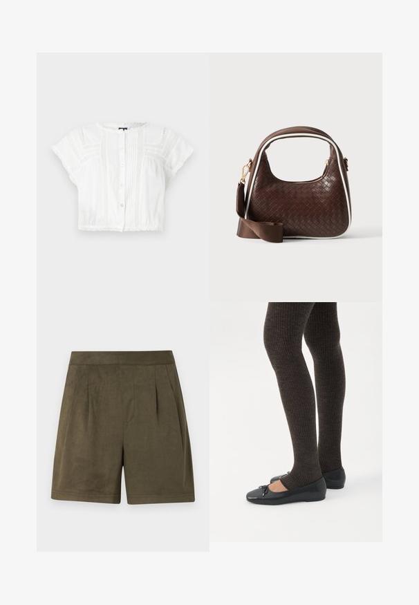 Witte gecropte blouse van lichtgewicht stof. Heeft korte mouwen, een knoopsluiting aan de voorkant, pintuck-details en kanten accenten op de schouders en de zoom.; Donkergroene shorts van een zachte, suede-achtige stof, met een geplooid ontwerp, een middellange snit en een schone, gestructureerde tailleband.; Benen met donkere geribbelde leggings gecombineerd met zwarte ballerina's met kleine strikdetails op een witte achtergrond.; Bruine geweven leren handtas met witte bies, gouden ritssluiting en afneembare bruine stoffen schouderriem.