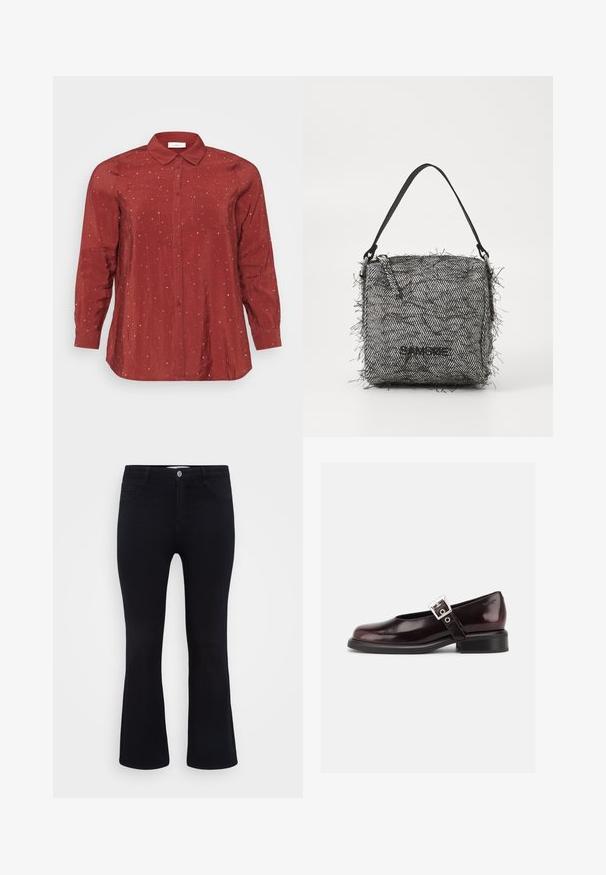 Rød langærmet skjorte i et let og glat stof med knapkrave, to frontlommer og sølvprikkede detaljer.; ONLY Carmakoma Flared fit CARTHUNDER Mid waist - Flared jeans - black denim; En enkelt blank mørk burgunder Mary Jane sko med bred rem og sølvspænde, lav blokhæle og rundet tå på hvid baggrund.; Vævet sort og hvidt fiskebensmønster taske med frynsekanter, med en tynd skulderrem og et logo på fronten.