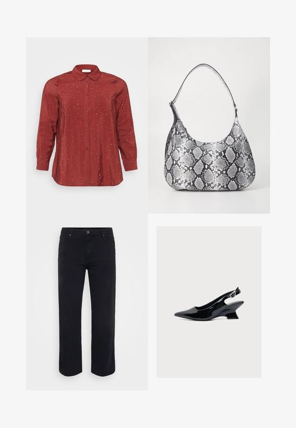Rotes Langarmhemd aus einem leichten, glatten Stoff mit einem Button-Down-Kragen, zwei Fronttaschen und silbernen Pünktchenverzierungen.; Schwarze Denim-Jeans mit einem geraden Bein-Design. Merkmale sind ein Knopfverschluss an der Taille, Gürtelschlaufen und Vorder-/Gesäßtaschen. Glatte Textur.; Schwarzer Slingback-Schuh aus Lackleder mit spitzer Kappe und niedrigem schrägem Blockabsatz vor weißem Hintergrund.; Schultertasche im schwarz-weißen Schlangenprint mit runder Form, glatter Textur und gebogenem Tragegurt. Mit einem silbernen Hardware-Akzent.