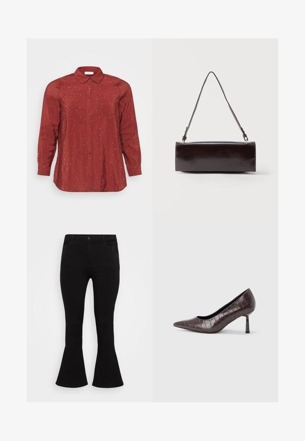 Rotes Langarmhemd aus einem leichten, glatten Stoff mit einem Button-Down-Kragen, zwei Fronttaschen und silbernen Pünktchenverzierungen.; Schwarze ausgestellte Jeans mit einer taillierten Passform, klassischem Fünf-Taschen-Design und glatter Denim-Oberfläche mit einem subtilen Stretchanteil.; Braune Pumps mit spitz zulaufender Spitze aus Kunstleder in Krokodiloptik, mit schlankem, eckigem Absatz und glatter Innenfütterung.; Rechteckige schwarze Ledertasche mit einem einzelnen langen Riemen und glänzendem Finish, vor einem schlichten weißen Hintergrund präsentiert.