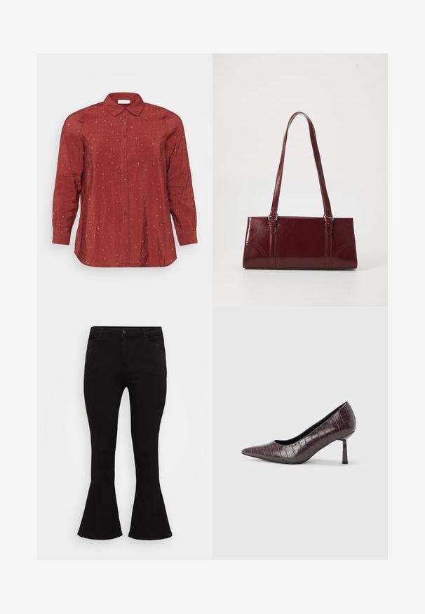 Rød langærmet skjorte i et let og glat stof med knapkrave, to frontlommer og sølvprikkede detaljer.; Sorte flarejeans med en figursyet talje, standard fem-lommet design og en glat denimtekstur med en subtil stræk.; Brune kunstlæder stiletter med spidse tæer og krokodilletekstur, der har en slank, vinklet hæl og en glat inderside.; Bordeaux håndtaske lavet af glansfuldt materiale, rektangulær form, med to skulderremme og subtile buede detaljer på forsiden.