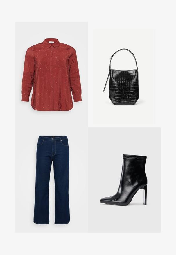 Rød langærmet skjorte i et let og glat stof med knapkrave, to frontlommer og sølvprikkede detaljer.; Mørkeblå denim jeans med lige pasform, der har en lynlås, fem lommer og synlige syninger.; Sorte læder ankelstøvle med spidse tæer og høj klar hæl. Glat tekstur og minimal syning på overmaterialet.; Sort spandtaske i krokodillepræget læder med enkelt skulderrem og lille sølvfarvet mærkelogo foran nederst i midten.