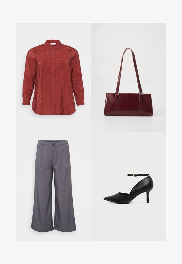 Camisa roja de manga larga en una tela ligera y suave, con cuello abotonado, dos bolsillos delanteros y adornos de puntos plateados.; Pantalones grises de pierna ancha hechos de una tela suave, con cierre de botón en el frente, pliegues y un ajuste relajado hasta el tobillo.; Zapato de tacón bajo tipo kitten heel de cuero negro con punta puntiaguda, correa en el tobillo y hebilla dorada sobre fondo neutro.; Bolso burdeos hecho de material brillante, de forma rectangular, con dos asas para el hombro y sutiles acentos curvados en la parte frontal.