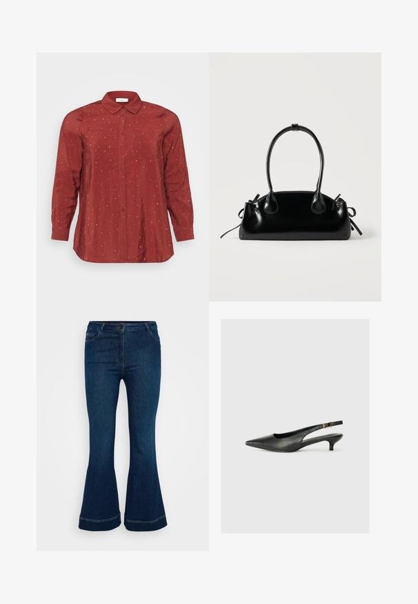 Rotes Langarmhemd aus einem leichten, glatten Stoff mit einem Button-Down-Kragen, zwei Fronttaschen und silbernen Pünktchenverzierungen.; Dunkelblaue, ausgestellte Jeans aus Denim, mit fünf Taschen, Knopfverschluss und Kontrastnähten am Saum.; Schwarzer Slingback-Schuh mit spitzem Zehenbereich aus glattem Leder. Mit einem dünnen Absatz und einer dekorativen Schnalle am verstellbaren Riemen.; Kleine schwarze glänzende Handtasche mit zwei langen Griffen und seitlichen Kordelzug-Details vor einfachem hellem Hintergrund.