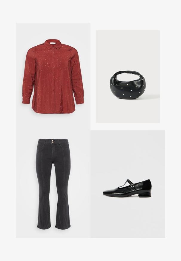 Rød langærmet skjorte i et let og glat stof med knapkrave, to frontlommer og sølvprikkede detaljer.; Sorte denim jeans med flared ben og høj talje, der har to forlommer og dobbeltknaplukning, glat tekstur og minimale syninger.; Sorte Mary Jane-sko i læder med spids tå, lille blokhæl og justerbar rem med sølvspænde. Glat, blank tekstur.; Sort læderhåndtaske med en rundet form, dekoreret med sølvnitter, og et kort håndtag. Glat tekstur og lynlåslukning.