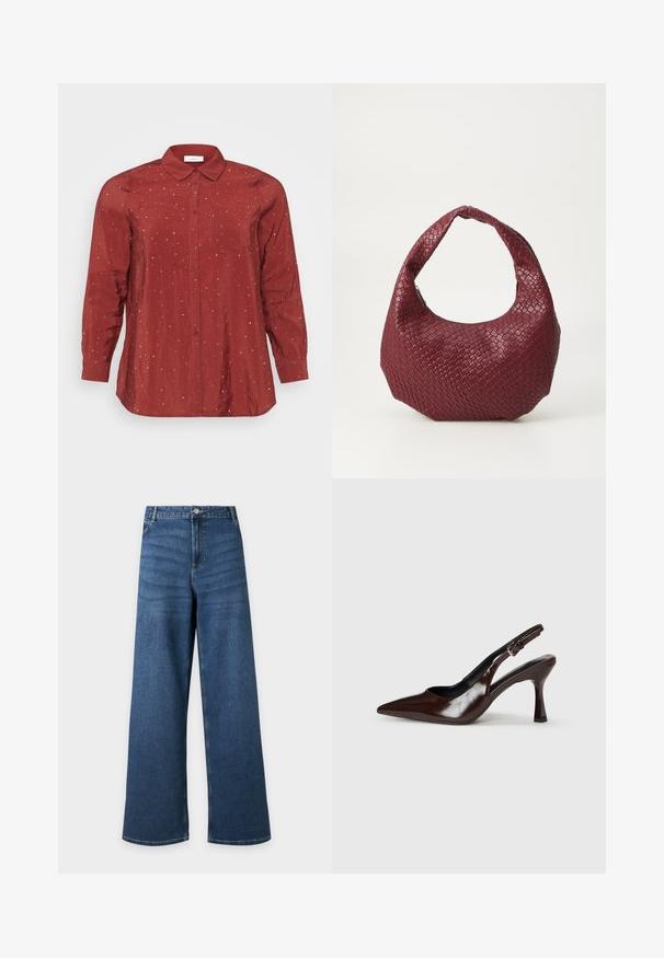 Rød langærmet skjorte i et let og glat stof med knapkrave, to frontlommer og sølvprikkede detaljer.; Blå vidde-benet denim jeans med frontknap og lynlås, forlommer og bæltestropper, vist fladt mod en lys baggrund.; Brune patenterede læderslingback-sandaletter med spids tå, en tynd hæl og justerbar rem med en lille spænde.; Vævet bordeaux håndtaske med en rund silhuet, et enkelt håndtag og en tekstureret overflade. Lynlåslukning øverst.