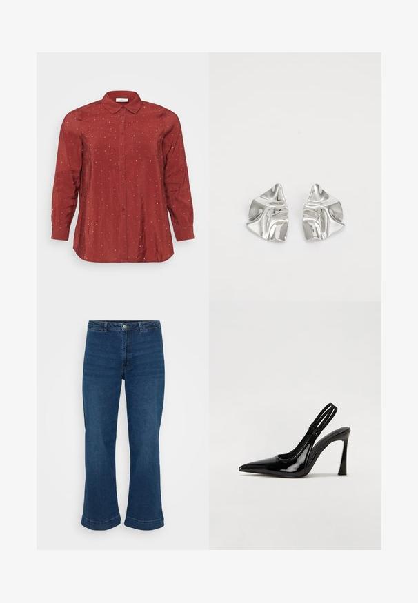 Rotes Langarmhemd aus einem leichten, glatten Stoff mit einem Button-Down-Kragen, zwei Fronttaschen und silbernen Pünktchenverzierungen.; Hochtaillierte blaue Jeans mit geradem Bein und ausgestelltem Saum, aus Denim gefertigt. Verfügt über ein klassisches Fünf-Taschen-Design und einen Metallknopfverschluss.; Schwarze Lackleder Slingback-Pumps mit spitzem Zehenbereich, schlankem hohen Absatz und doppeltem elastischen Riemen für einen sicheren Sitz. Glatte, glänzende Oberfläche.; Silberne Metallohrringe mit einem wellenförmigen, skulpturalen Design, das eine polierte Oberfläche und unregelmäßige Formen aufweist, die eine zeitgenössische Ästhetik betonen.