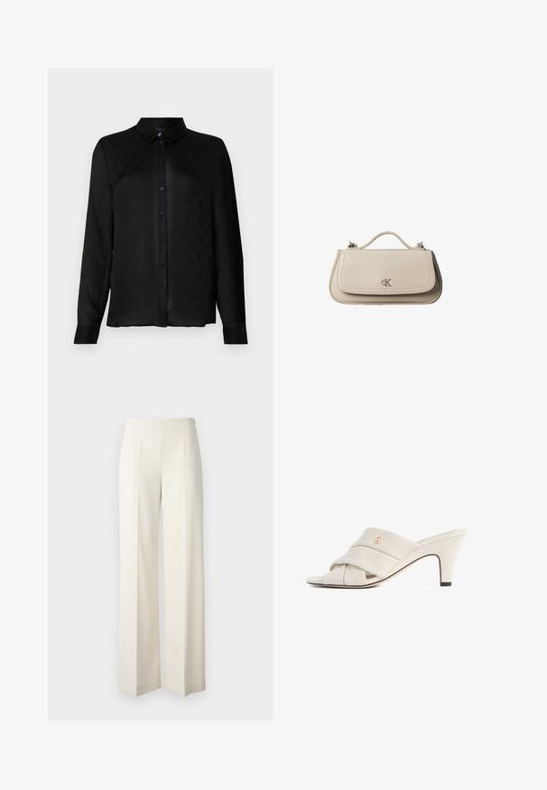 Sort langærmet skjorte med knapper og krave, der har et subtilt tekstureret mønster og sorte knapper langs den forreste lukning.; Hvide brede bukser lavet af et glat stof med frontfolder. Designet med en høj talje og en ren finish.; Beige højhælede mules med et snoet læderstropdesign, åben tå og præget logoaccent. Hælen har en sort spidsdetalje.; Lille beige læderhåndtaske med top håndtag og sølv CK-logo på frontklap, vist mod en hvid baggrund.
