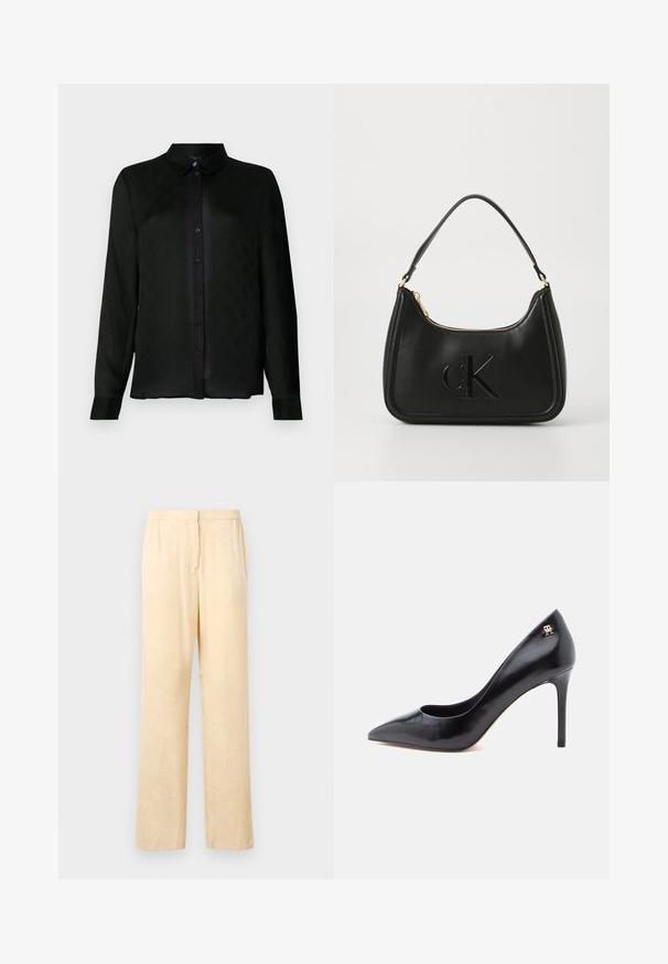 Camisa negra de manga larga con cuello, que presenta un sutil patrón texturizado y botones negros a lo largo del placket frontal.; Pantalones sueltos de color amarillo claro con un sutil estampado de hojas. Cuentan con una cinturilla elástica y un diseño de pierna recta. Textura suave.; Zapato de tacón alto de cuero negro con punta puntiaguda, con un diseño recortado y un pequeño detalle de logo dorado en el talón.; Bolso de mano de cuero negro con forma curva, que presenta una cremallera dorada y un sutil logo "cK" en relieve. Textura suave y un solo asa.