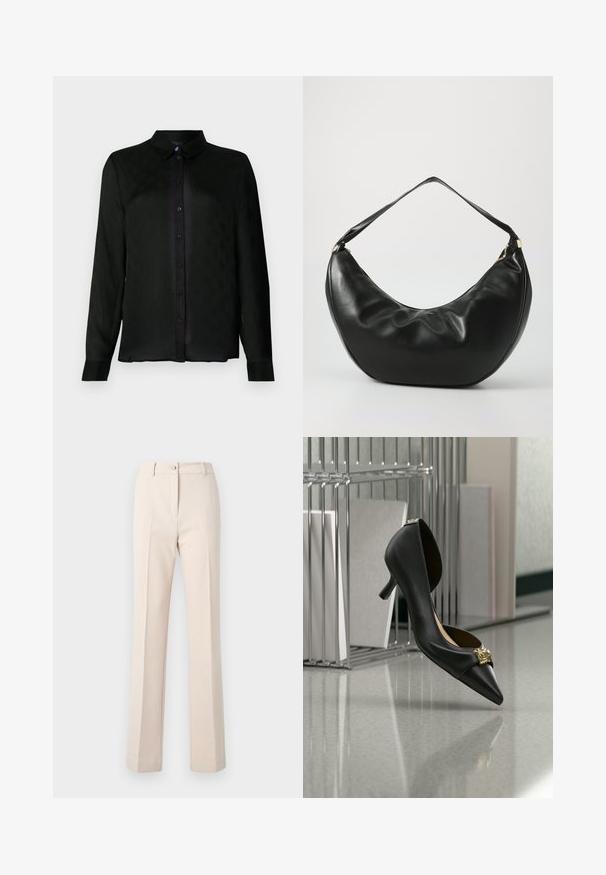 Camisa negra de manga larga con cuello, que presenta un sutil patrón texturizado y botones negros a lo largo del placket frontal.; Pantalones beiges a medida con pernera recta, que cuentan con cierre de botón, pinzas frontales y una textura suave.; Zapato negro de tacón bajo kitten con punta puntiaguda y un emblema dorado en la puntera, mostrado en el aire frente a una superficie reflectante y un fondo de estantería metálica.; Bolso de hombro de cuero negro con una forma curva, textura suave y una sola correa; cuenta con un zipper dorado y un branding sutil.