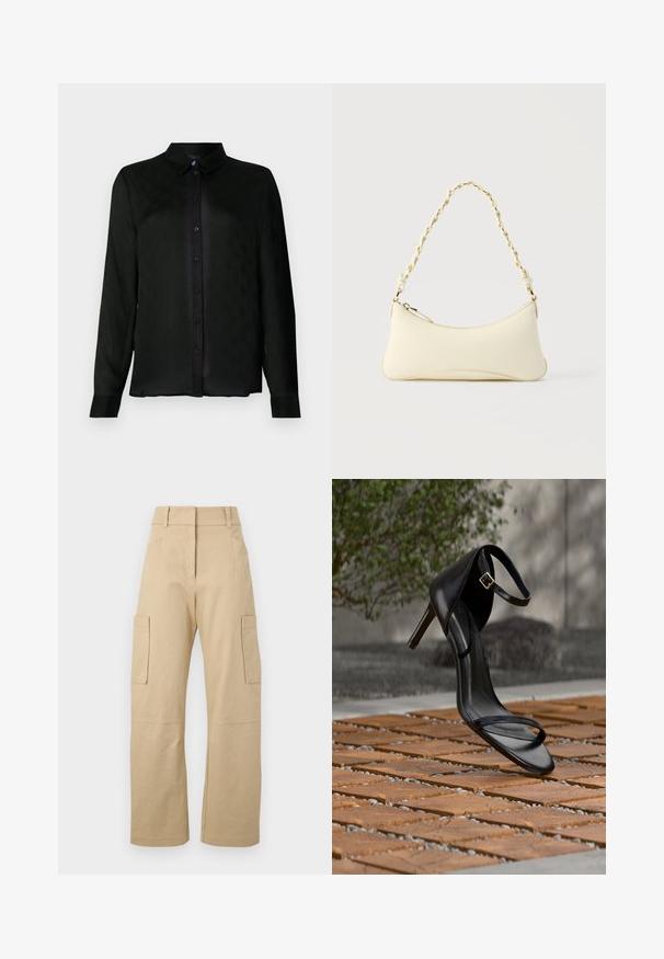 Schwarzes langärmliges Button-up-Hemd mit Kragen, das ein dezentes strukturiertes Muster und schwarze Knöpfe entlang der Vorderseite aufweist.; Beige Cargo-Shorts aus Baumwolle, mit hoher Taille, weitem Bein, zwei Seitentaschen und zwei großen Cargo-Taschen auf den Oberschenkeln.; Schwarze Sandalette mit hohem Absatz und Knöchelriemen schwebt über einem Holzboden im Freien vor verschwommenem Grün und Steinhintergrund.; Kleine handtasche in Cremefarben mit geschwungener Form und geflochtenem, goldfarbenem Kettenhenkel, Reißverschluss oben