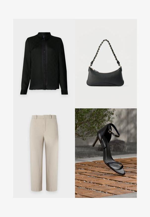 Camisa negra de manga larga con cuello, que presenta un sutil patrón texturizado y botones negros a lo largo del placket frontal.; Pantalones cortos beige, diseño entallado, con frente plano y cremallera oculta, dos bolsillos laterales, hechos de una suave tela de mezcla de algodón.; Sandalia negra de tacón alto con correa en el tobillo, parece suspendida sobre un suelo de baldosas de madera al aire libre, con un fondo difuminado de vegetación y piedra.; Bolso de hombro de cuero negro con forma rectangular curvada, cadena dorada entrelazada en una correa negra trenzada y cierre superior con cremallera.