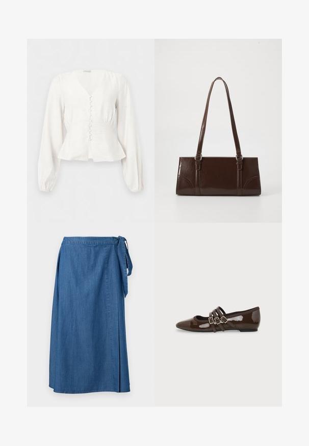 Witte blouse met lange mouwen, V-hals, nauwsluitende taille, met stof beklede knopen aan de voorkant en licht uitlopende zoom tegen een effen achtergrond.; Blauwe denim wikkelrok met zijstriksluiting, van knielengte tot halverwege de kuit, weergegeven tegen een effen witte achtergrond.; Bruine lakleren platte schoen met puntige neus en drie verstelbare gespen aan de zijkant, gezien vanaf de buitenkant.; Bruine lakleren handtas met een rechthoekige vorm, twee lange handvatten en subtiele gebogen accenten aan de voorkant.